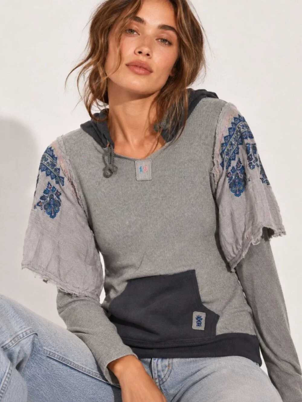 HTF Y2K Vintage Label Free People FP Embroidered Mixed Media Hoodie Boho Sz L